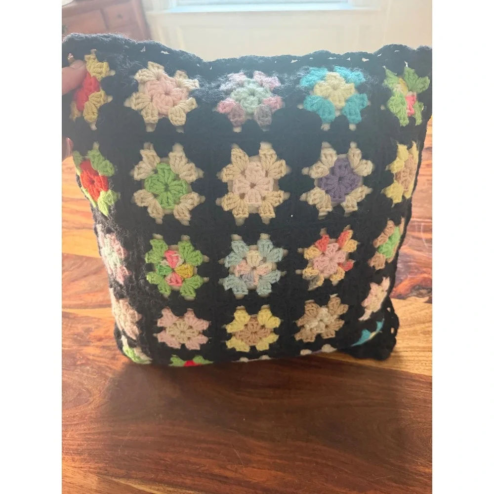 Handmade Crochet Granny Square Throw Pillow Black Multi Color Retro Boho 13x13